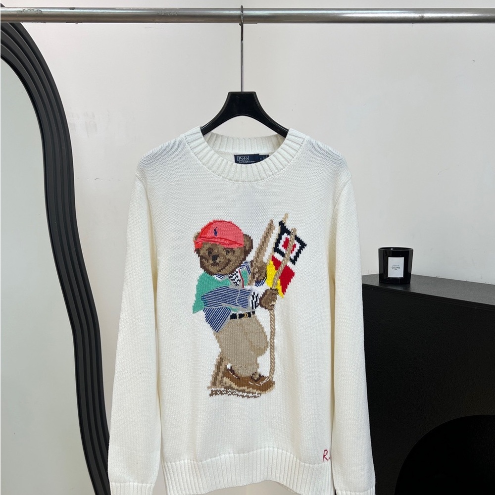 Polo by Ralph Lauren Cream Crewneck Sweater with Bear Intarsia